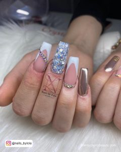 Metallic Nails Silver With Diamonds