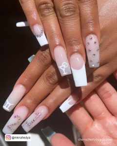 Milky White Coffin Nails With White French Tip, Silver Polka Dots And 21 Written In Silver Glitter