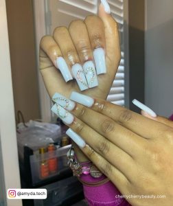 Milky White Nails With Rhinestones In Heart Shape
