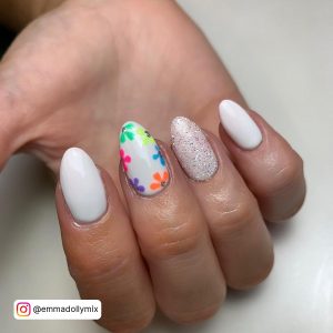 Multicolored Flowery Almond Summer White Nails Ideas On White Surface