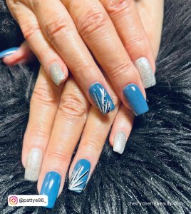 Nail Art Blue And Silver In Square Shape