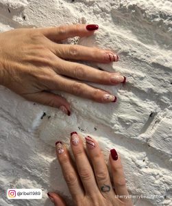 Nail Art Red And Silver With Lines