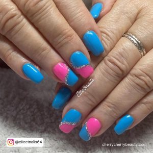 Nails Blue And Silver With Pink Touch