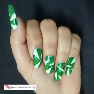 Nails Green And White With Unique Design