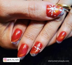 Nails Red And Silver With Snowflake