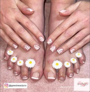 Nails With White Swirls On Hands And White Toe Tips