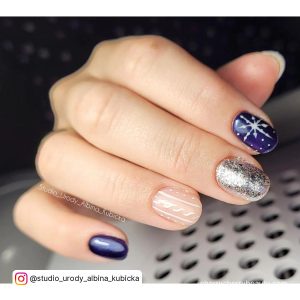 Navy Blue And Silver Nail Designs With One Clear Nail