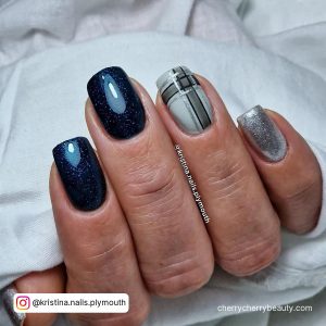 Navy Blue Silver Nails With Check Pattern