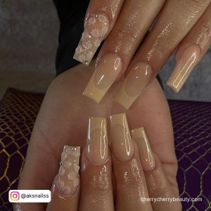 Nude Acrylic Nails Coffin With Flowers On Index Finger
