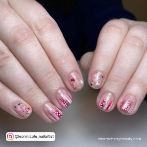 Nude Cute Valentines Nails Short With Pink, Red And White Nail Art