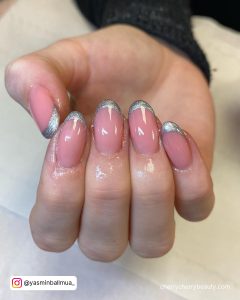 Nude Nails With Silver Tips In Almond Shape