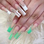 Nude Nails With White Lines And Diamonds