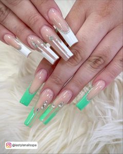 Nude Nails With White Lines And Diamonds