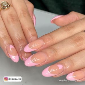 Nude Round Tip Nails With Light Pink Tips And Light Pink Heart