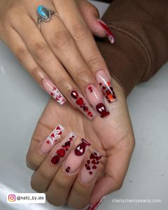 Nude Square Long Valentines Day Nails Coffin With Red Chrome Confetti Hearts And One White French Tip