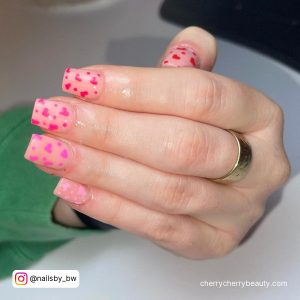 Nude Square Tip Nails With Dark Pink, Hot Pink And Light Pink Small Hearts