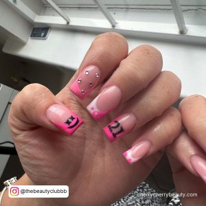 Nude Square Tip Nails With Hot Pink And White Tip And 21 Written In Black