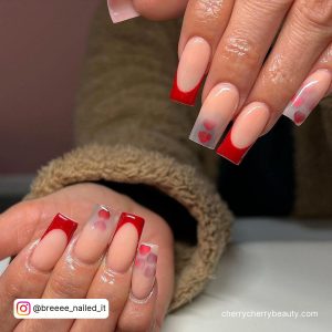 Nude Square Tip Red French Tip Valentine'S Nails With Red Chrome Hearts