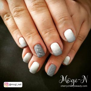 Ombre Nails Gray And White With Design On One Finger
