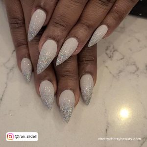 Ombre Nails Silver And White In Stilleto Shape