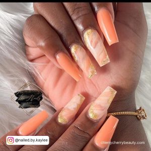 Orange And White Nails In Marble Effect