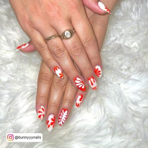 Orange And White Nails Long With Flowers
