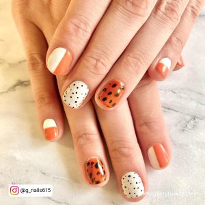 Orange Black And White Nail Designs With Polka Dots