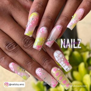 Pink Acrylic Nails Ideas With Yellow Along With Diamonds