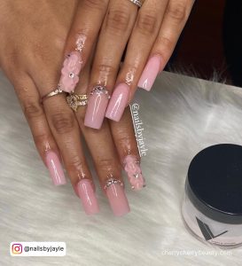Pink Acrylic Nails Powder With Flowers