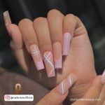 Pink Acrylic Nails With Check Pattern In Square Shape