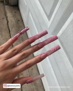 Pink Acrylic Nails With Design And Metallic Finish