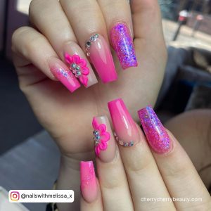 Pink And Purple 21St Birthday Nails Coffin Shape With Ombre, Glitter And Flower Design