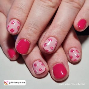 Pink And Red Short Acrylic Valentines Day Nails With Small Pink Flower Designs