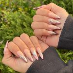 Pink And Silver Acrylic Nails In Stilleto Shape