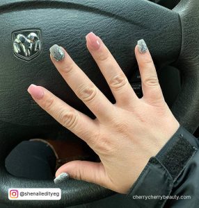 Pink And Silver Coffin Nails For A Sparkly Effect