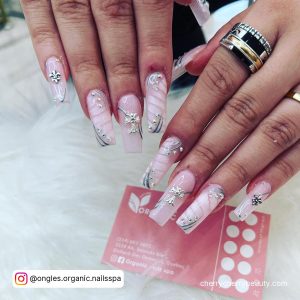 Pink And Silver Coffin Nails With Embellishments