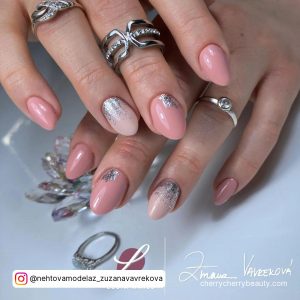 Pink And Silver Glitter Nails In Short Length