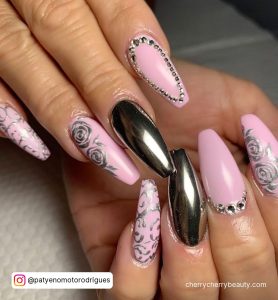 Pink And Silver Glitter Nails With Diamonds