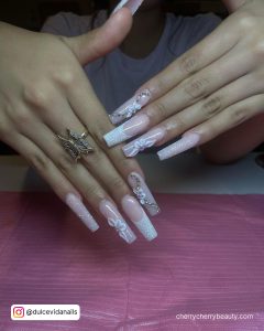 Pink And White Acrylic Nail Designs With Diamonds