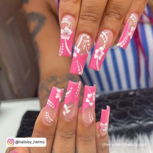 Pink And White Flower Nail Designs In Coffin Shape