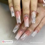 Pink And White Nails With Rhinestones For The Right Bling