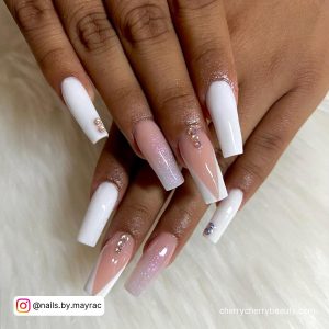 Pink And White Ombre Coffin Nails With Rhinestones For A Classy Look