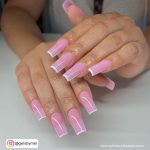 Pink And White Outline Nails In Coffin Shape