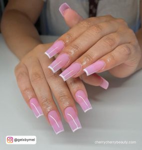 Pink And White Outline Nails In Coffin Shape