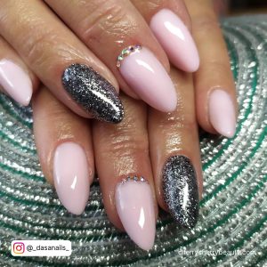 Pink Black And Silver Nails With Diamonds