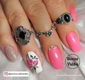 Pink Black And Silver Nails With Flowers