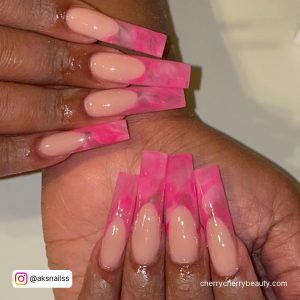 Pink Coffin Acrylic Nails With A Nude Base
