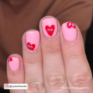 Pink Cute Short Valentines Nails With Red Heart Nail Art With Eyes