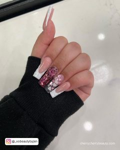 Pink French Nails Valentine'S Day With White French Nail Tip With A Pink Glitter Nail And A White And Pink Nail With Heart Designs
