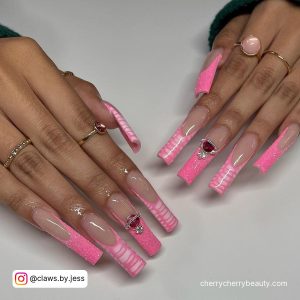 Pink French Tip Acrylic Nails With Rhinestones